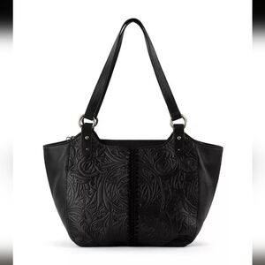 The Sak Bolinas Leather Satchel Black Leaf Embossed